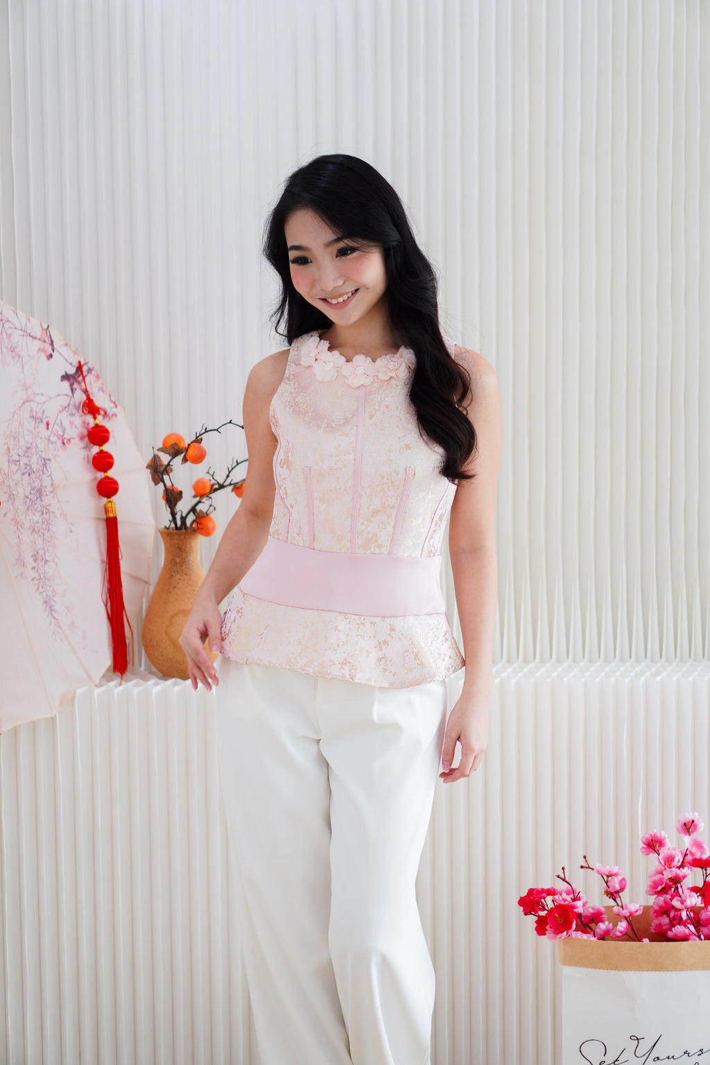 Xin Yao High Neck Peplum Top in Pink