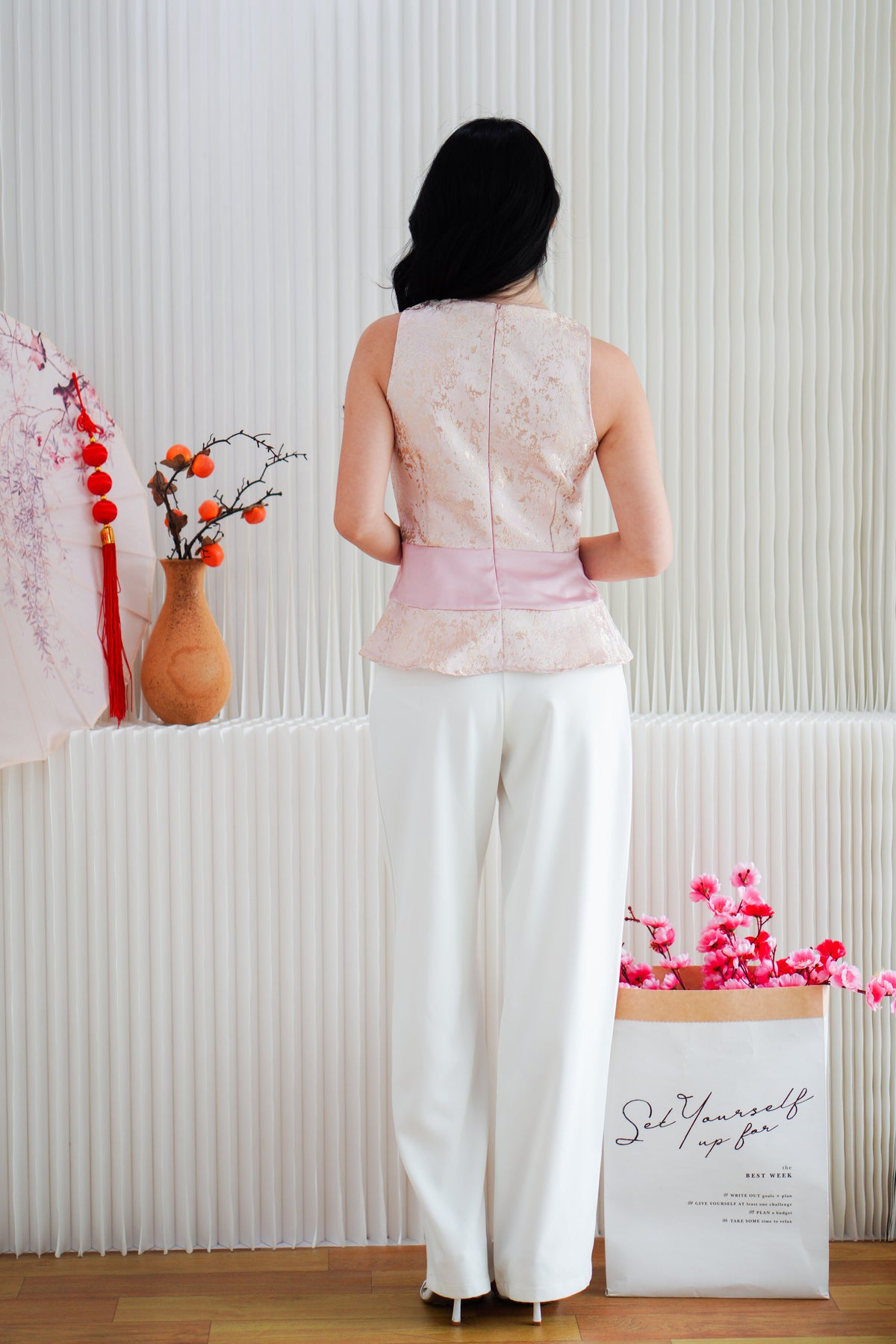 Xin Yao High Neck Peplum Top in Pink