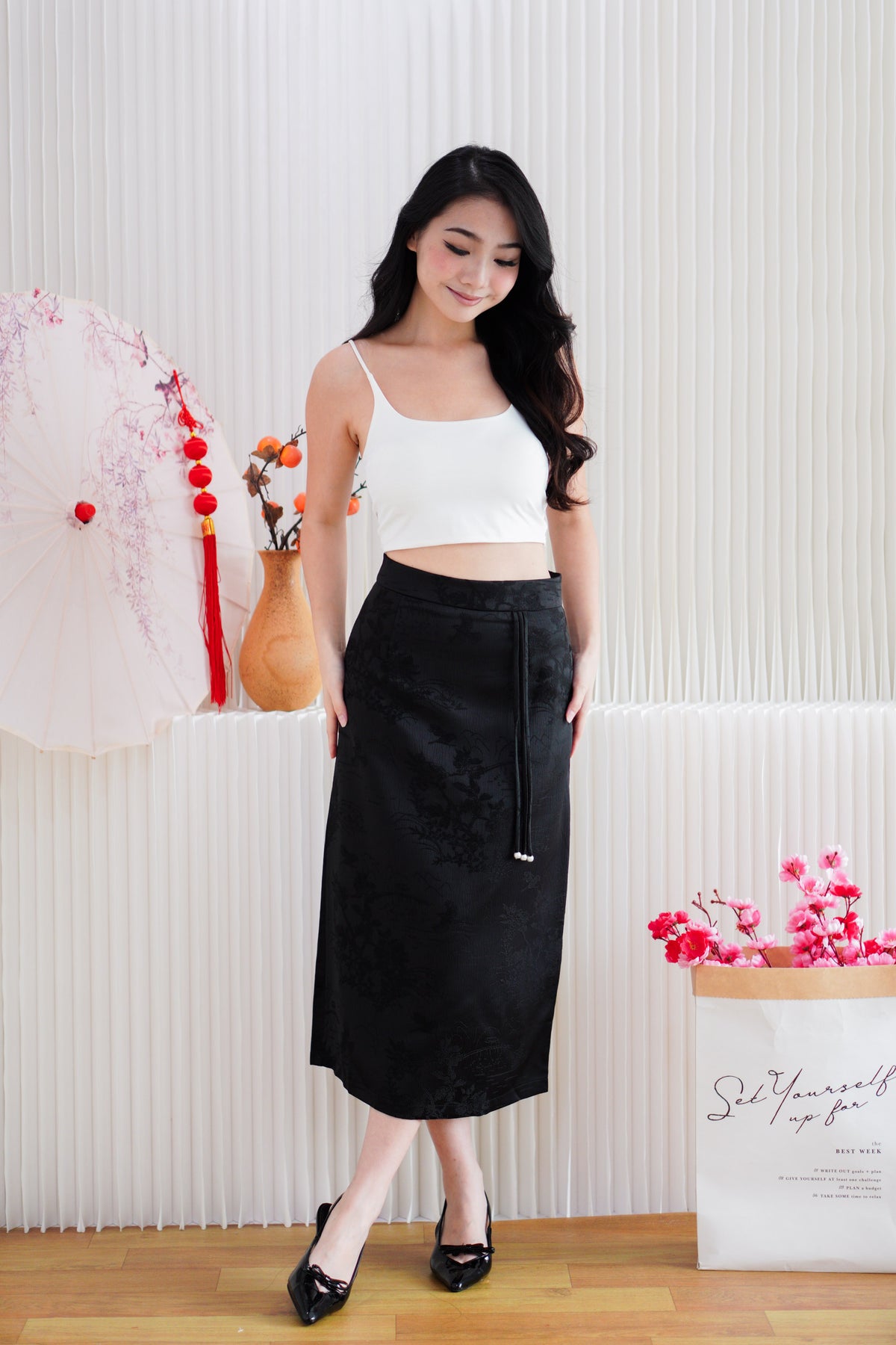 Cher Cheongsam Midi Skirt in Black