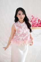 Luna Jacquard Printed Mandarin Collar Top with Ruffles in Pink