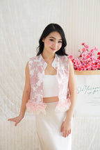 Luna Jacquard Printed Mandarin Collar Top with Ruffles in Pink