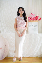 Luna Jacquard Printed Mandarin Collar Top with Ruffles in Pink