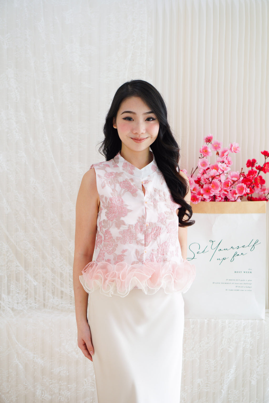 Luna Jacquard Printed Mandarin Collar Top with Ruffles in Pink