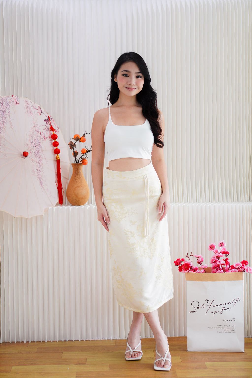 Cher Cheongsam Midi Skirt in Cream