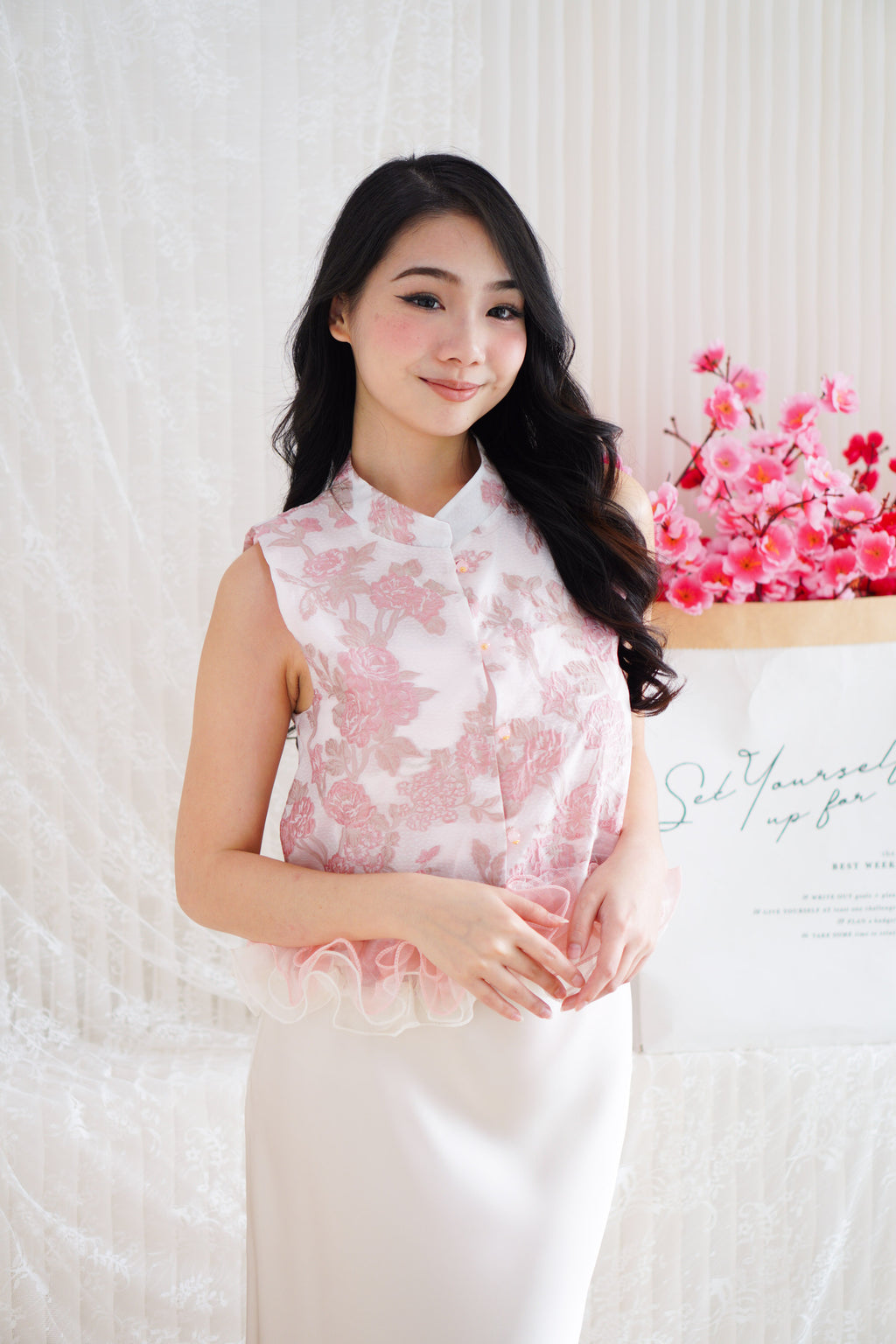 Luna Jacquard Printed Mandarin Collar Top with Ruffles in Pink
