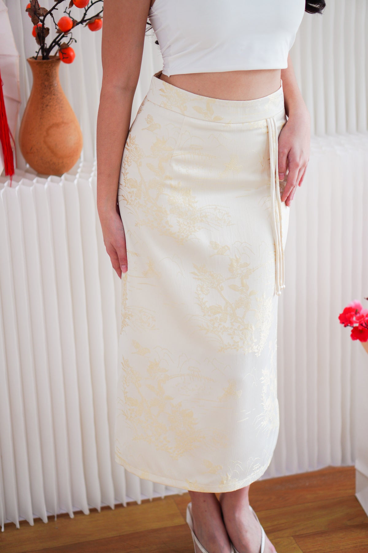 Cher Cheongsam Midi Skirt in Cream