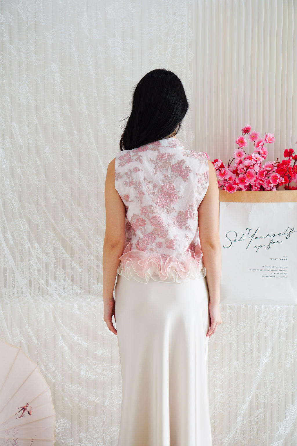 Luna Jacquard Printed Mandarin Collar Top with Ruffles in Pink