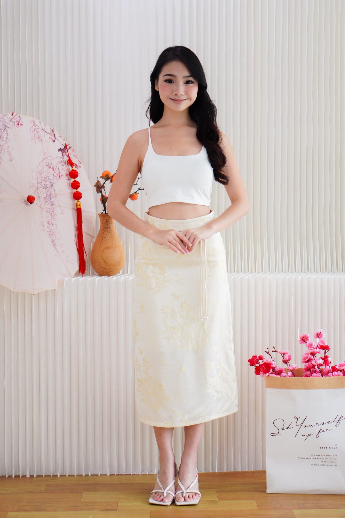 Cher Cheongsam Midi Skirt in Cream