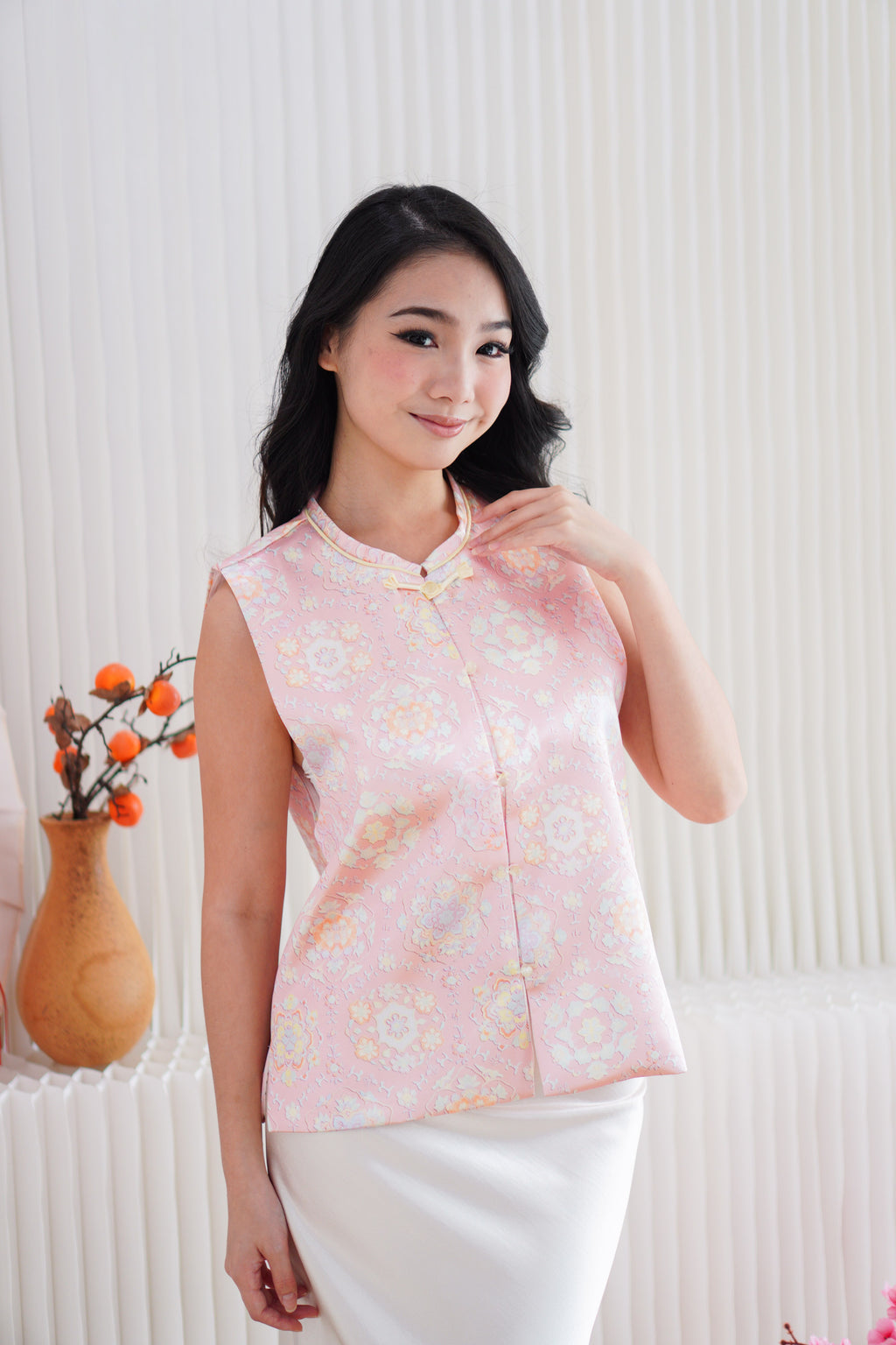 Fu Rou Floral Cheongsam Vest Satin Top in Light Pink