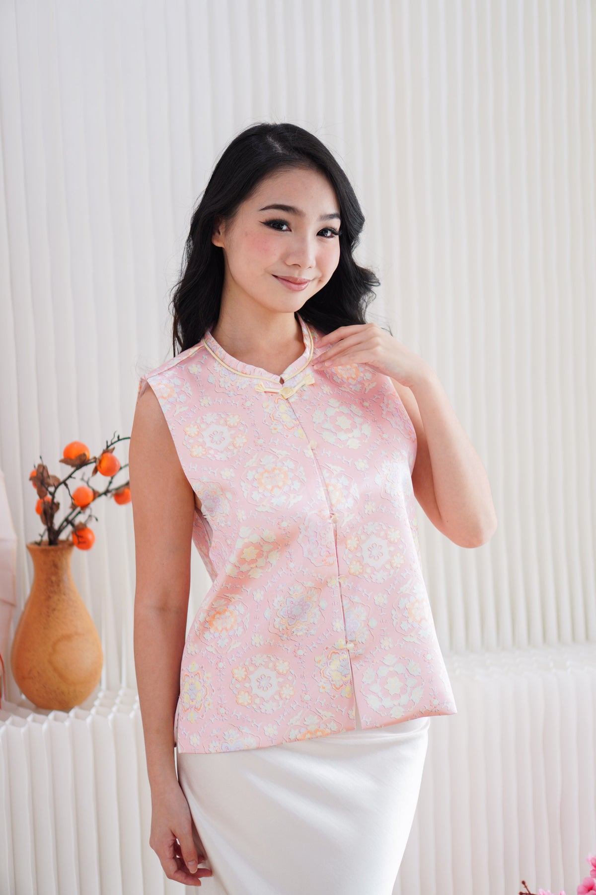 Fu Rou Floral Cheongsam Vest Satin Top in Light Pink