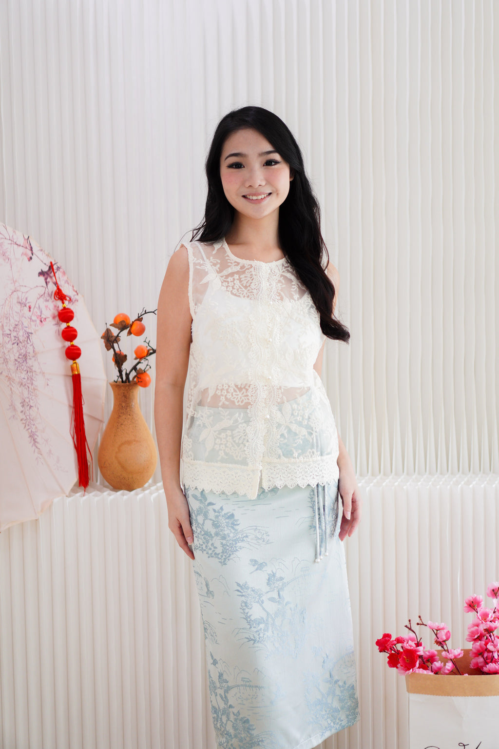 Jadeia Eyelet Lace Sheer Cheongsam Vest Top in Cream