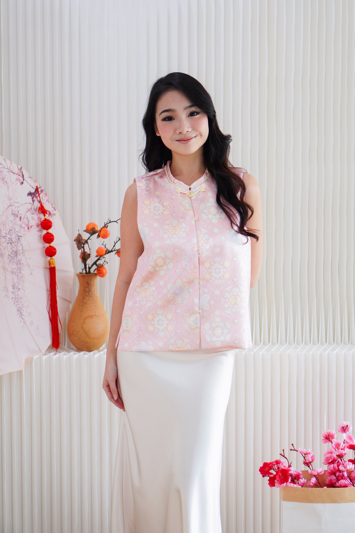 Fu Rou Floral Cheongsam Vest Satin Top in Light Pink
