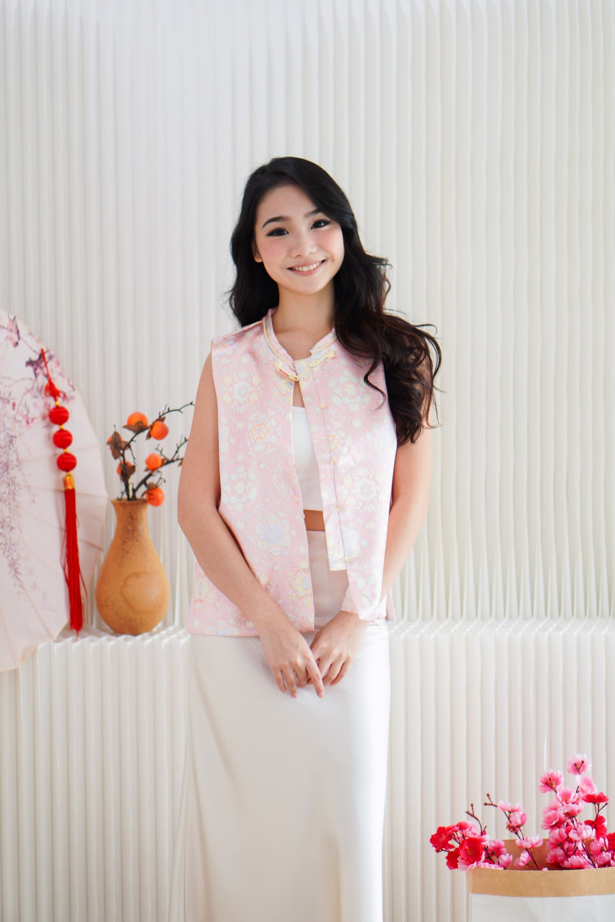 Fu Rou Floral Cheongsam Vest Satin Top in Light Pink
