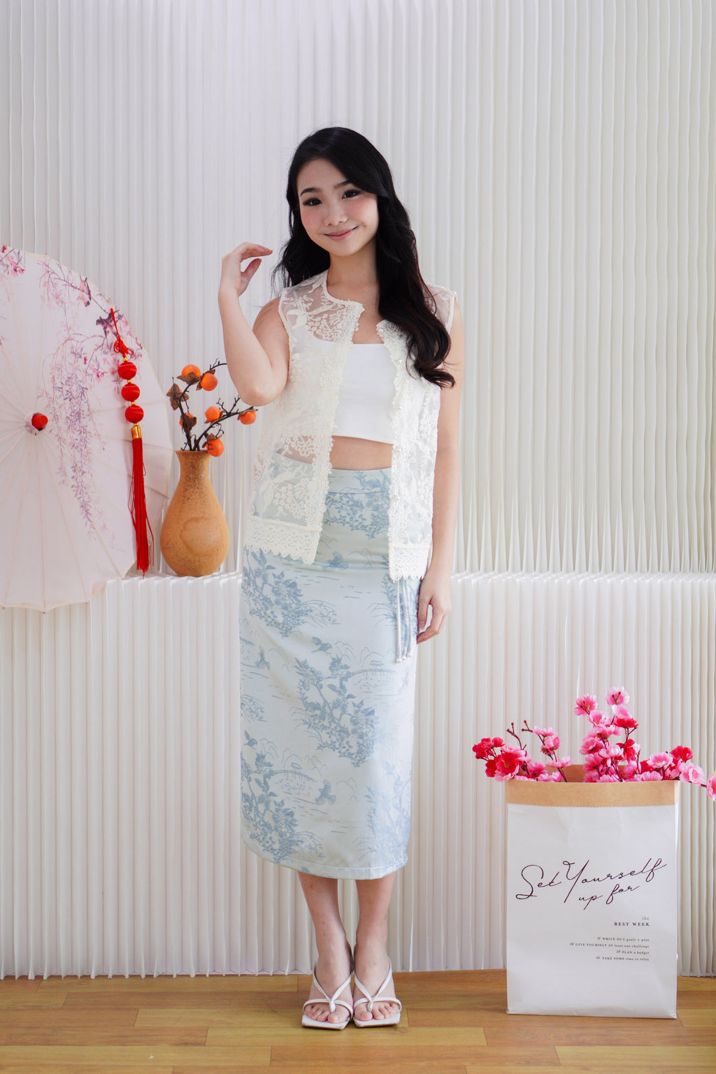 Jadeia Eyelet Lace Sheer Cheongsam Vest Top in Cream