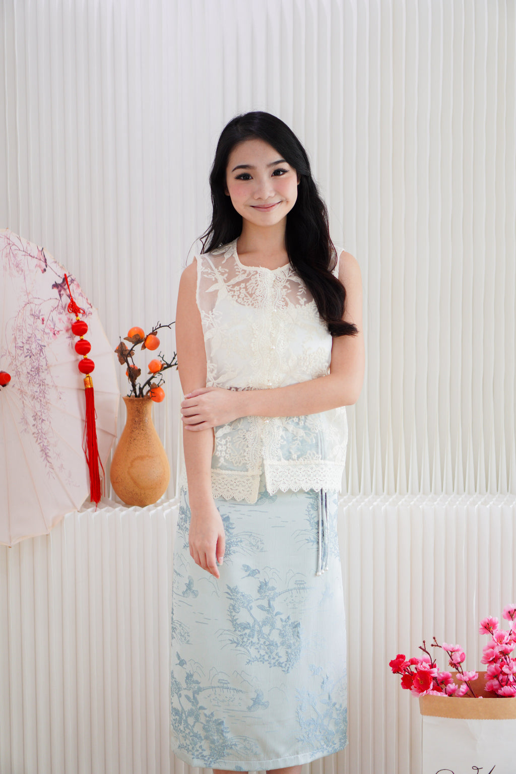 Jadeia Eyelet Lace Sheer Cheongsam Vest Top in Cream