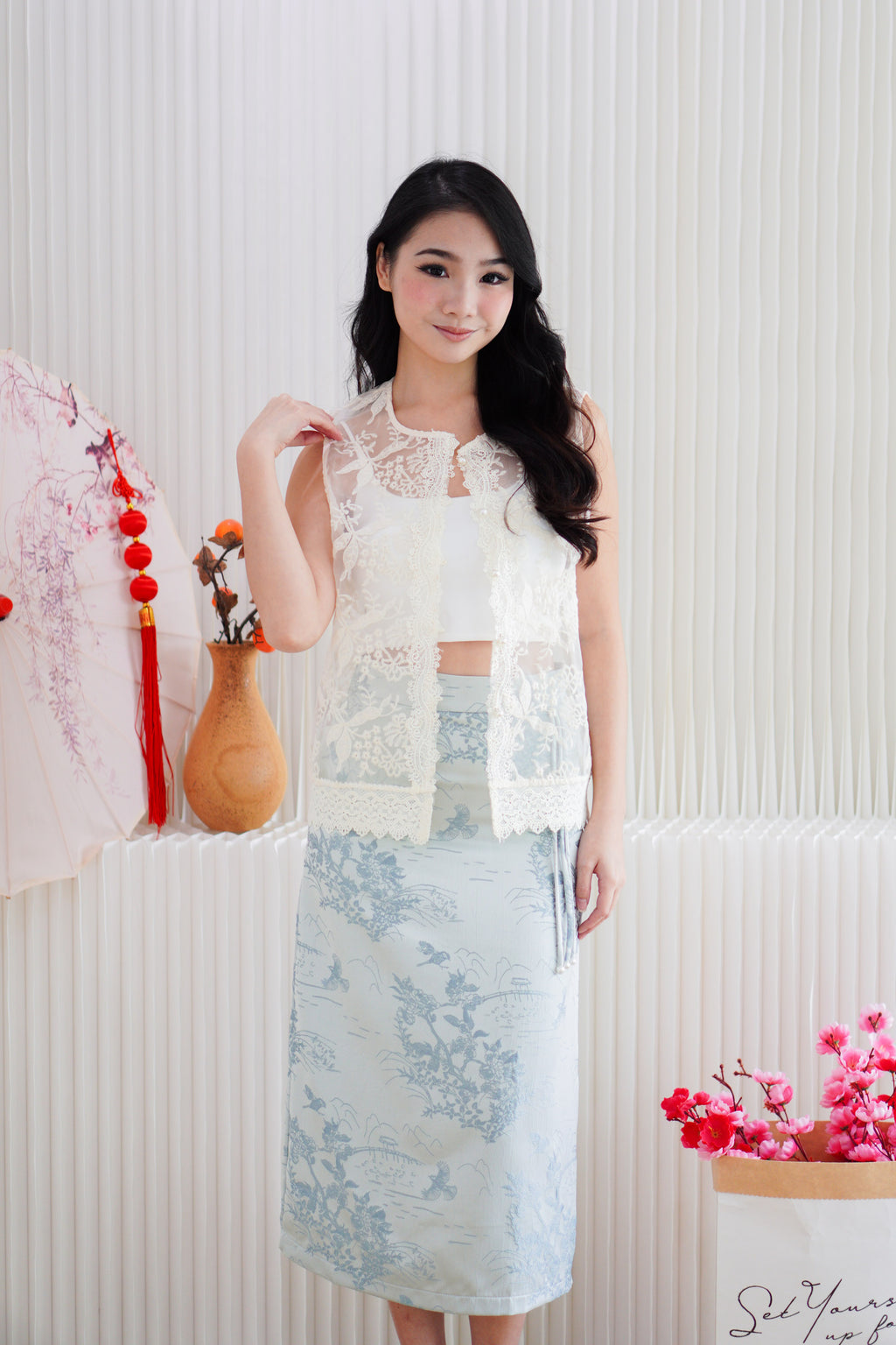 Jadeia Eyelet Lace Sheer Cheongsam Vest Top in Cream
