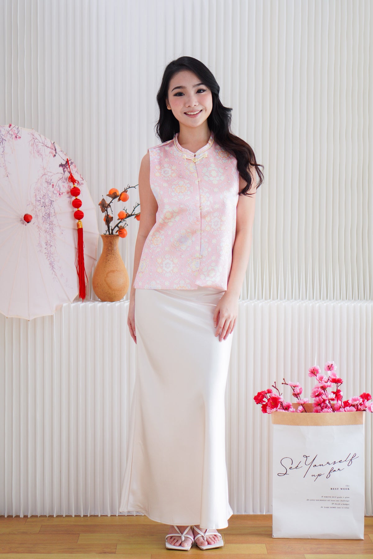 Fu Rou Floral Cheongsam Vest Satin Top in Light Pink