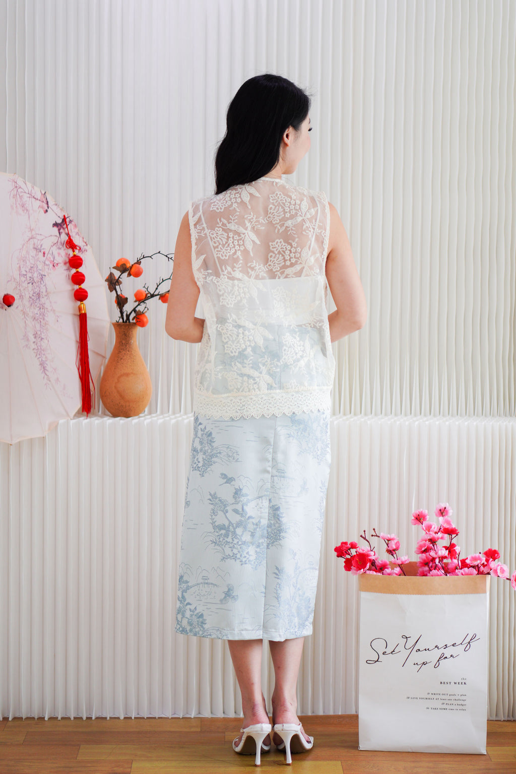 Jadeia Eyelet Lace Sheer Cheongsam Vest Top in Cream