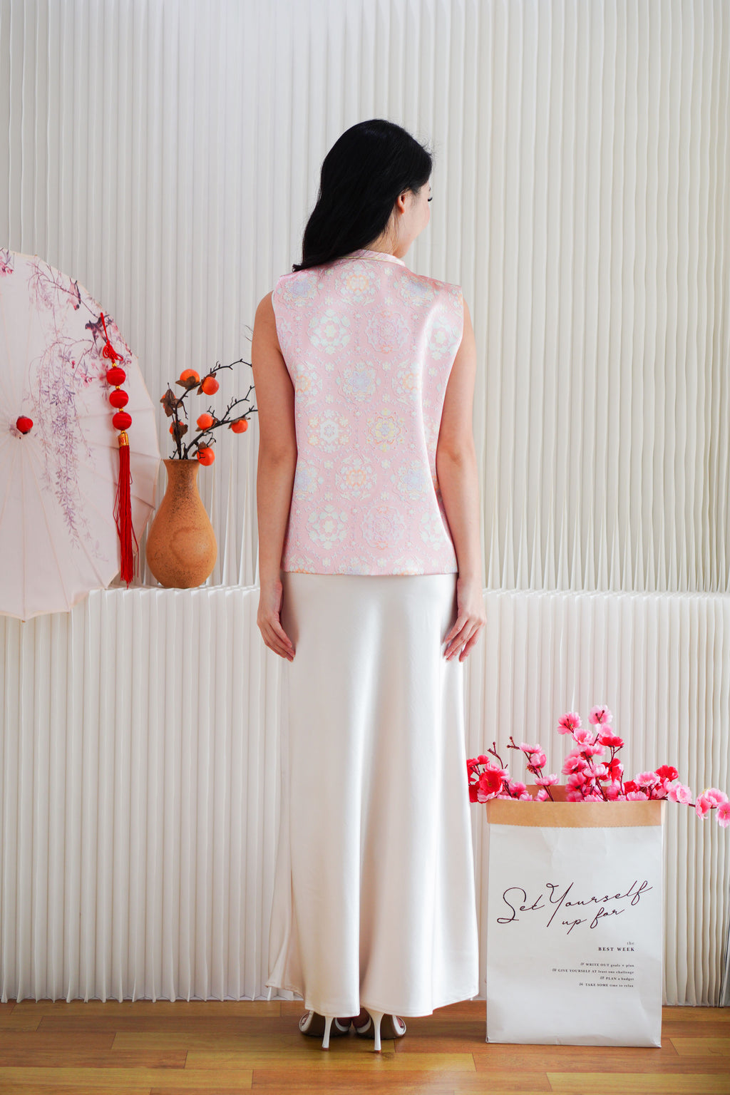 Fu Rou Floral Cheongsam Vest Satin Top in Light Pink