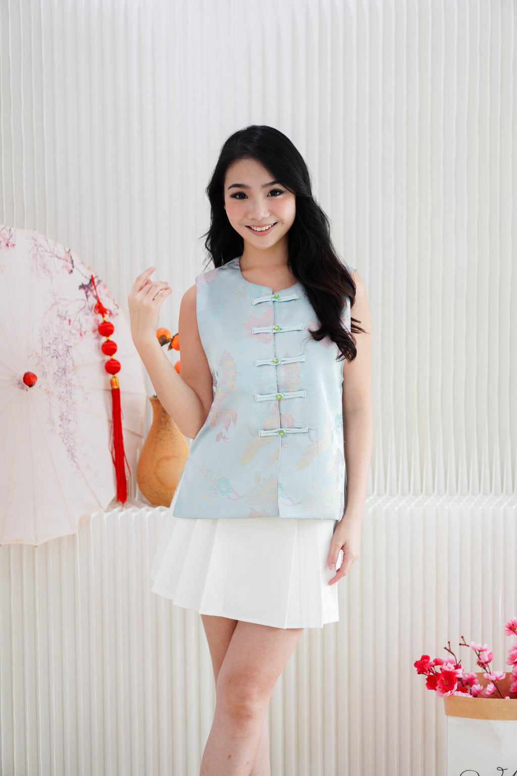 Shu Yu Floral Cheongsam Vest Top in Light Blue