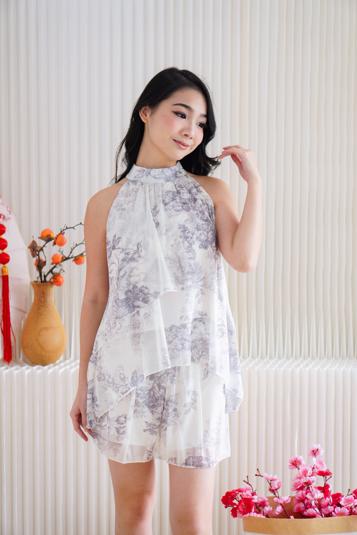Blooming Petals High Neck Floral 2 Piece Set in Light Cream and Grey