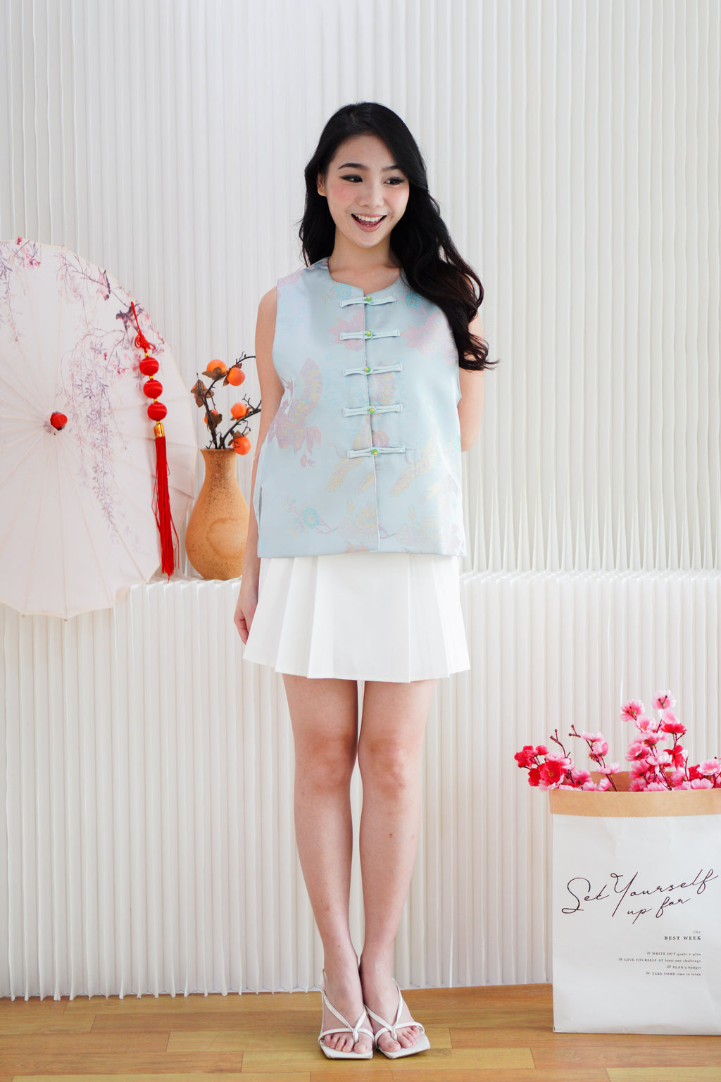 Shu Yu Floral Cheongsam Vest Top in Light Blue