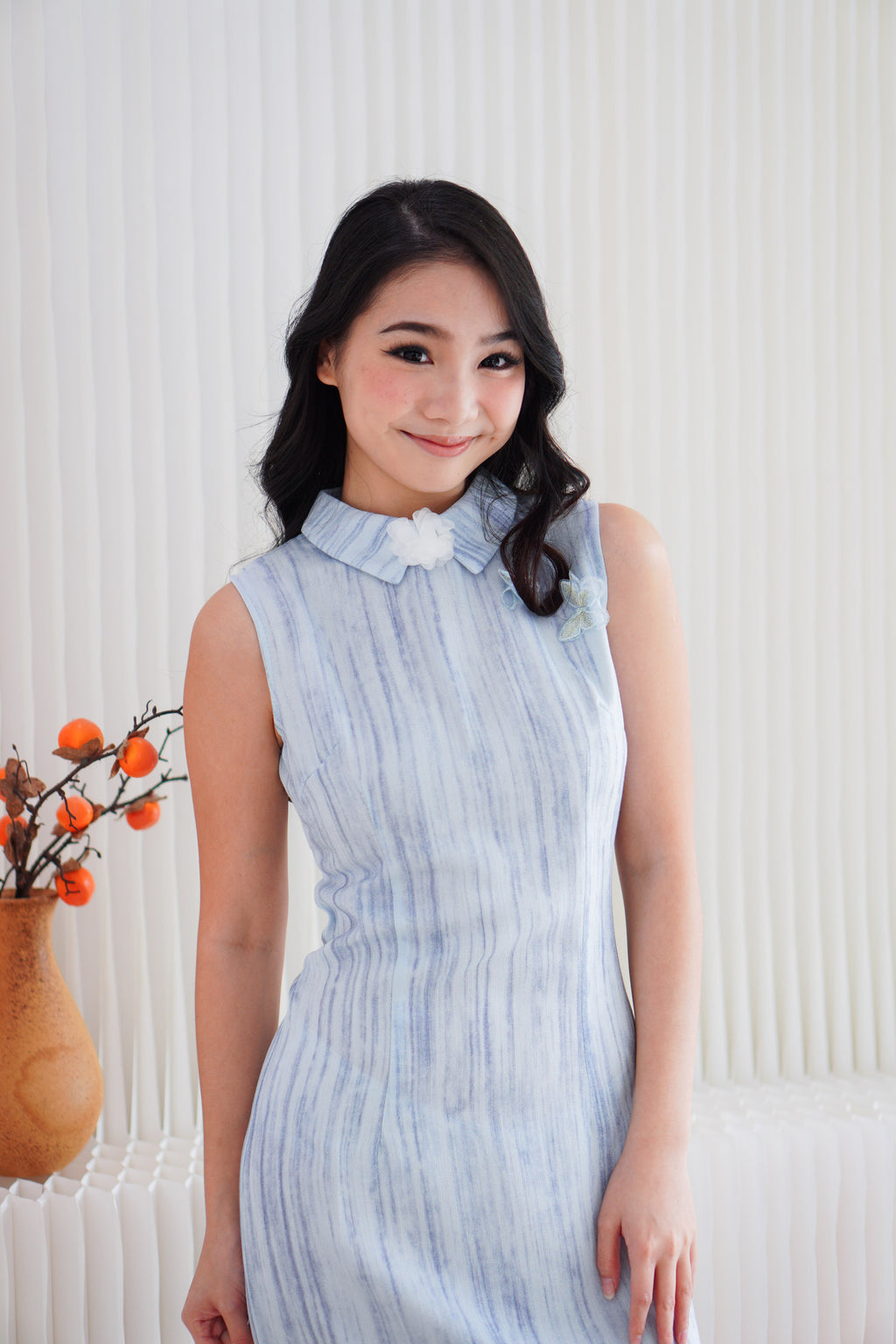 Hai Lan High Neck Modern Collar Maxi Cheongsam in Blue