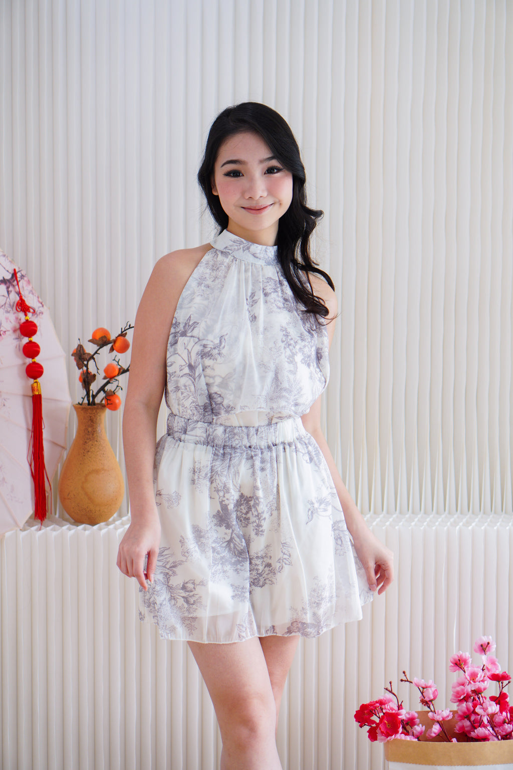 Blooming Petals High Neck Floral 2 Piece Set in Light Cream and Grey