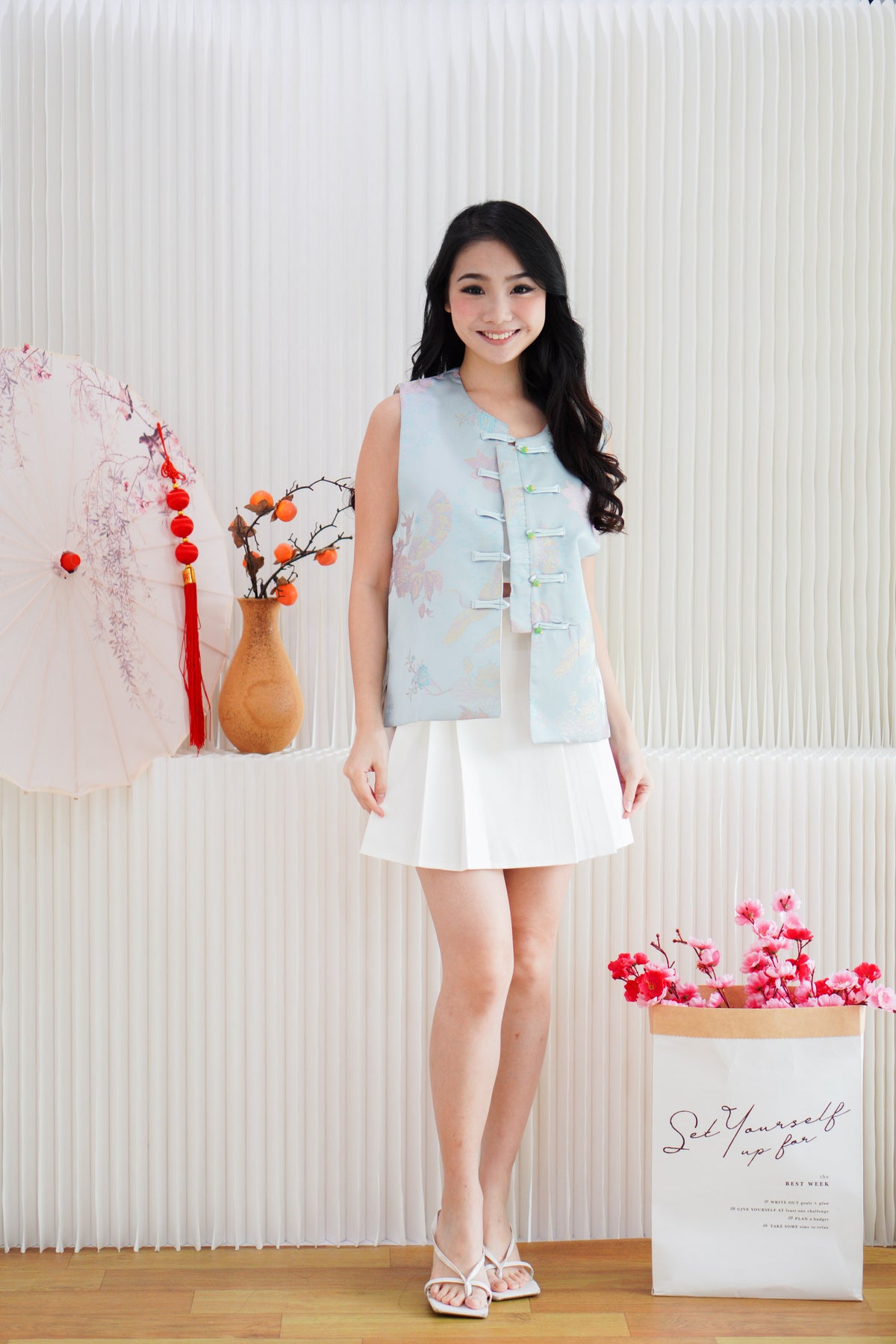 Shu Yu Floral Cheongsam Vest Top in Light Blue