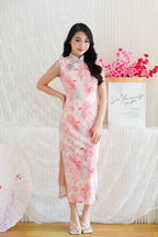 Yang Xi Floral High Neck Mesh Sleeveless Bodycon Cheongsam in Pink