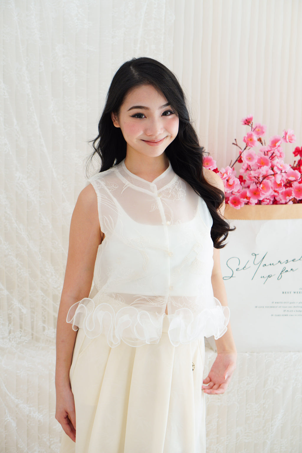 Aria Organza Cheongsam Lace Mandarin Collar Top with Ruffles in White