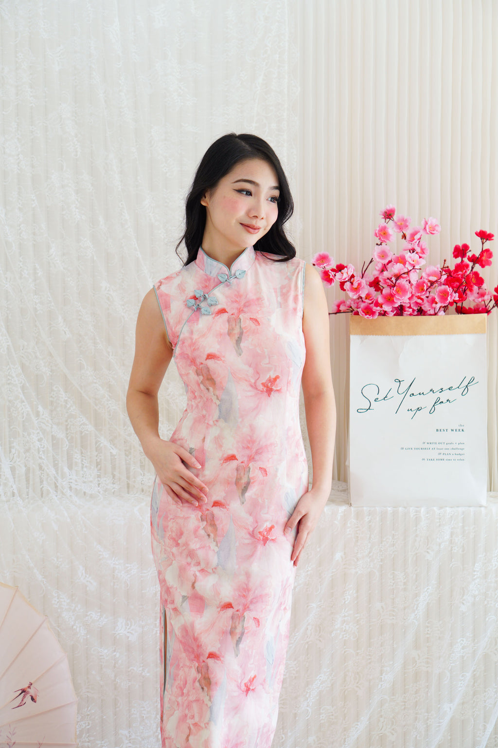 Yang Xi Floral High Neck Mesh Sleeveless Bodycon Cheongsam in Pink