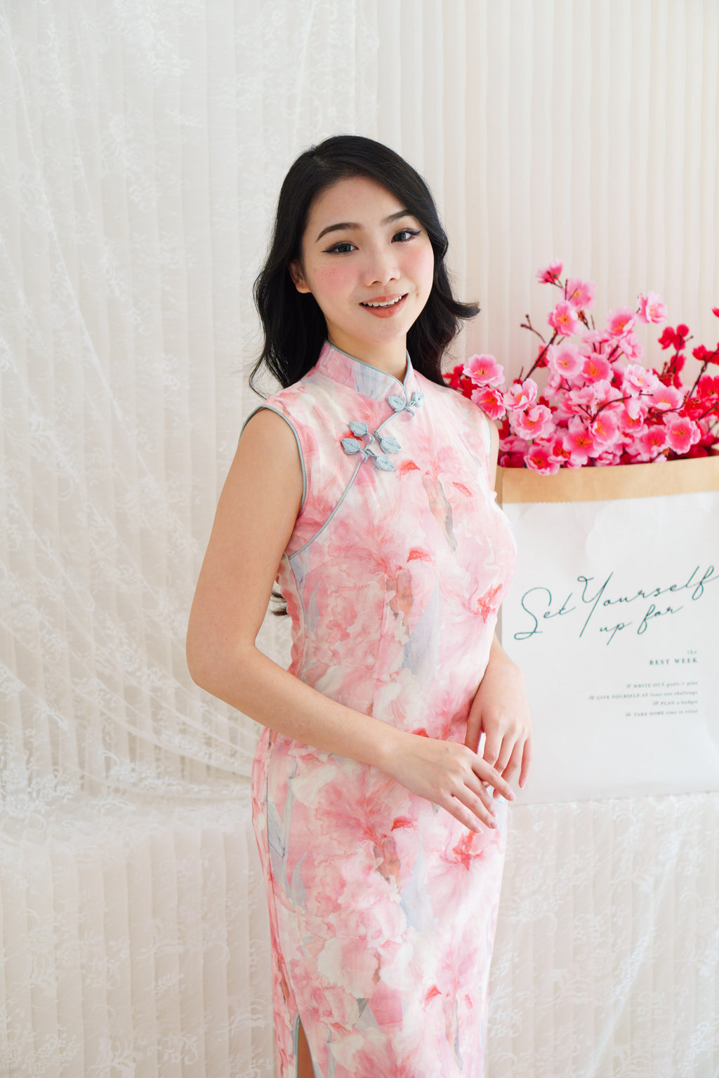 Yang Xi Floral High Neck Mesh Sleeveless Bodycon Cheongsam in Pink