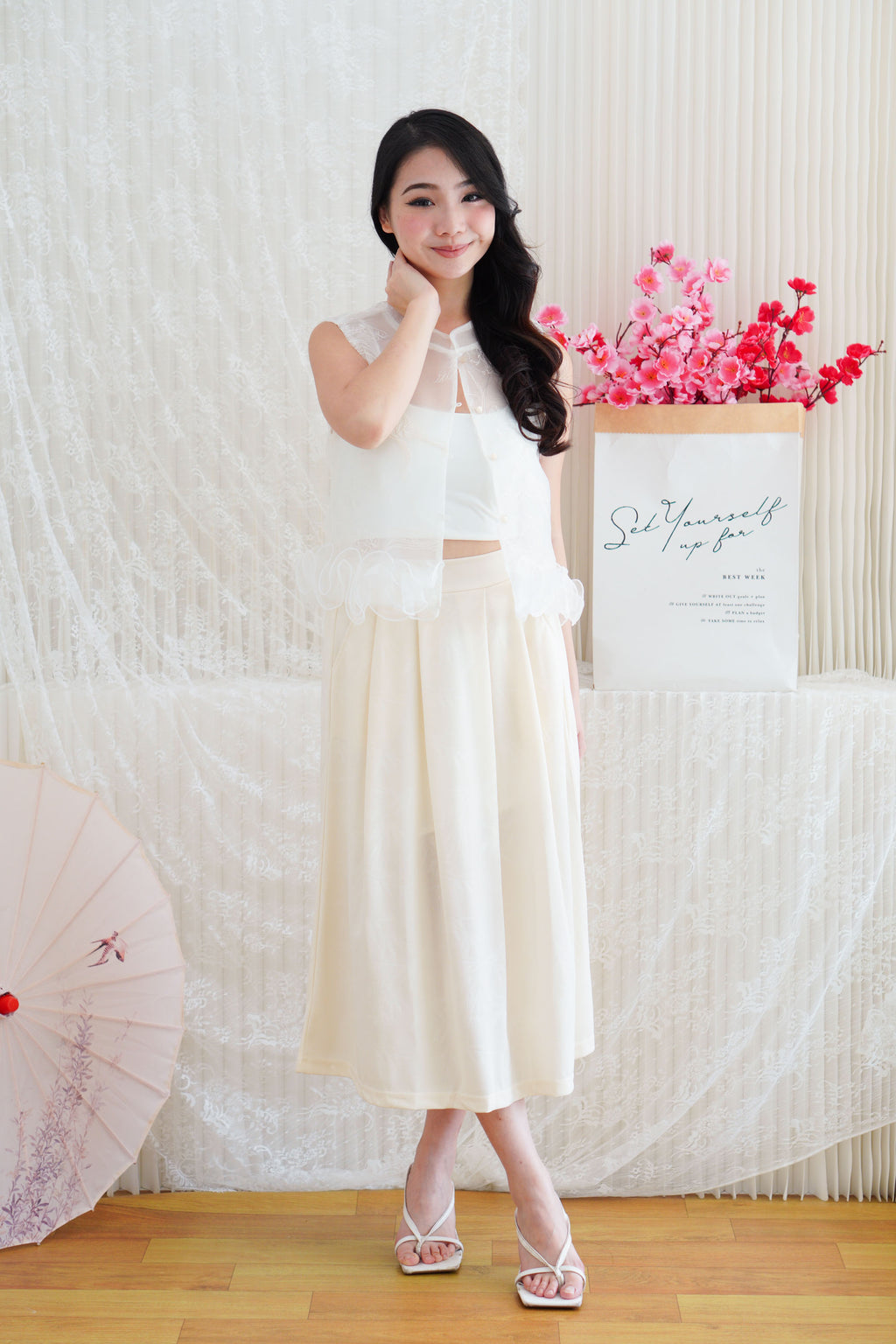 Aria Organza Cheongsam Lace Mandarin Collar Top with Ruffles in White