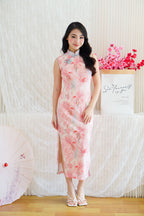 Yang Xi Floral High Neck Mesh Sleeveless Bodycon Cheongsam in Pink