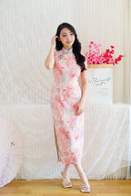 Yang Xi Floral High Neck Mesh Sleeveless Bodycon Cheongsam in Pink