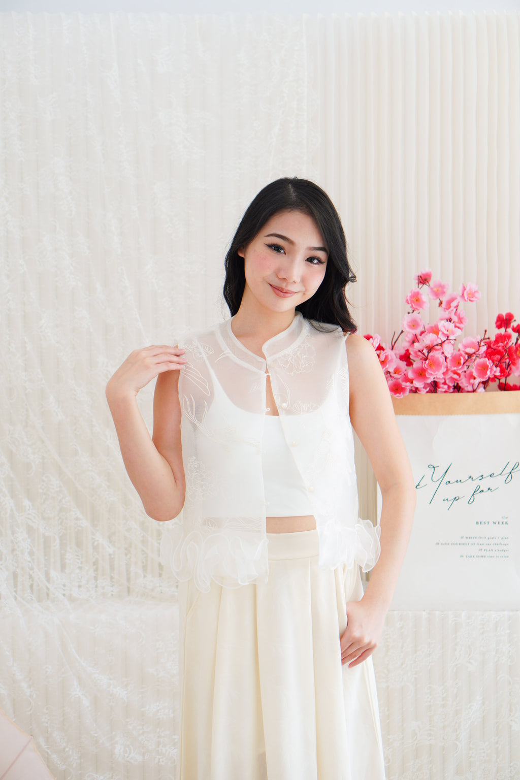 Aria Organza Cheongsam Lace Mandarin Collar Top with Ruffles in White