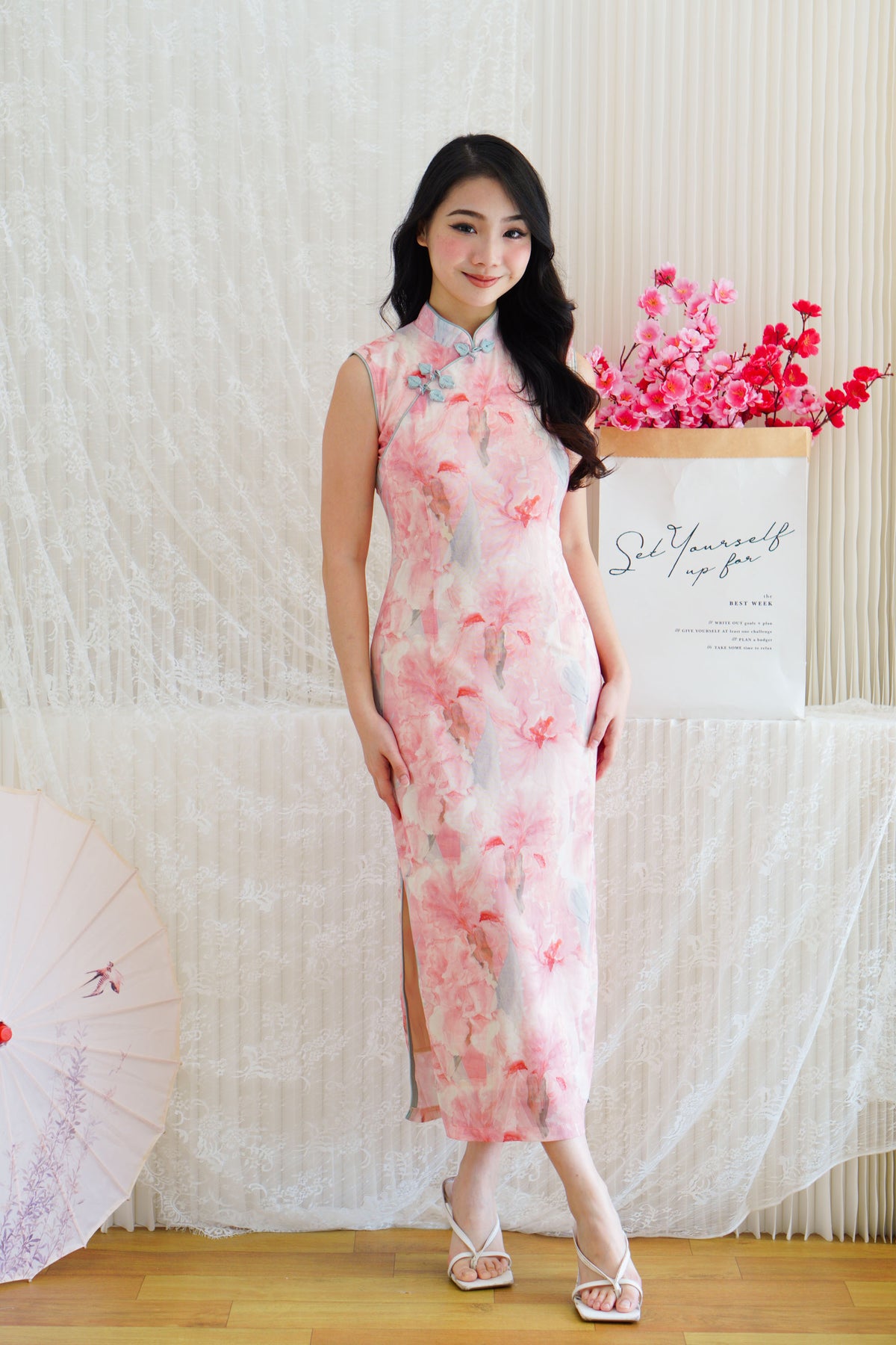 Yang Xi Floral High Neck Mesh Sleeveless Bodycon Cheongsam in Pink