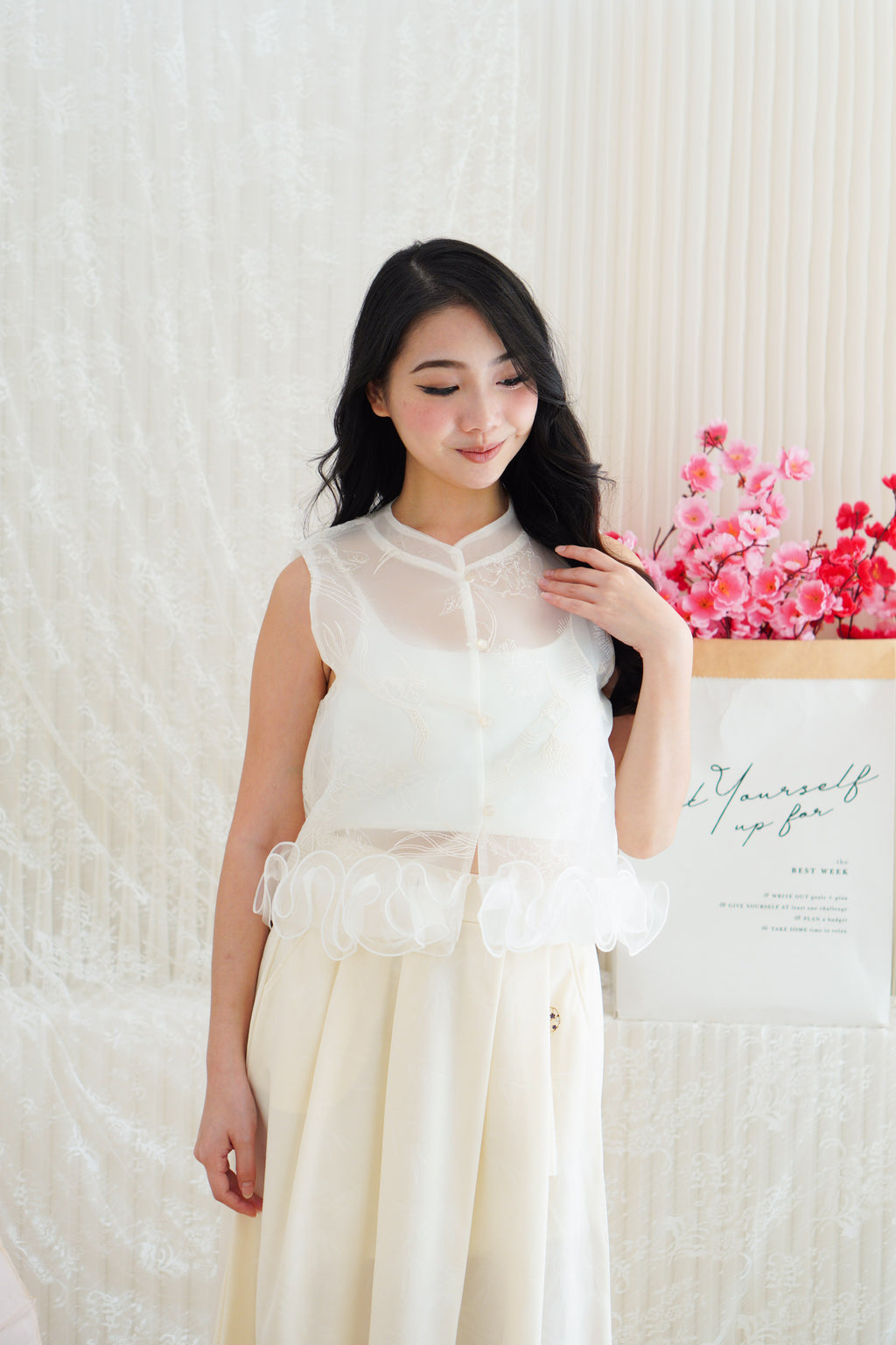 Aria Organza Cheongsam Lace Mandarin Collar Top with Ruffles in White