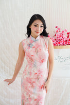 Yang Xi Floral High Neck Mesh Sleeveless Bodycon Cheongsam in Pink