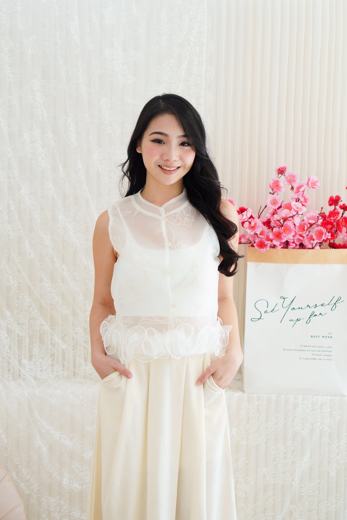 Aria Organza Cheongsam Lace Mandarin Collar Top with Ruffles in White
