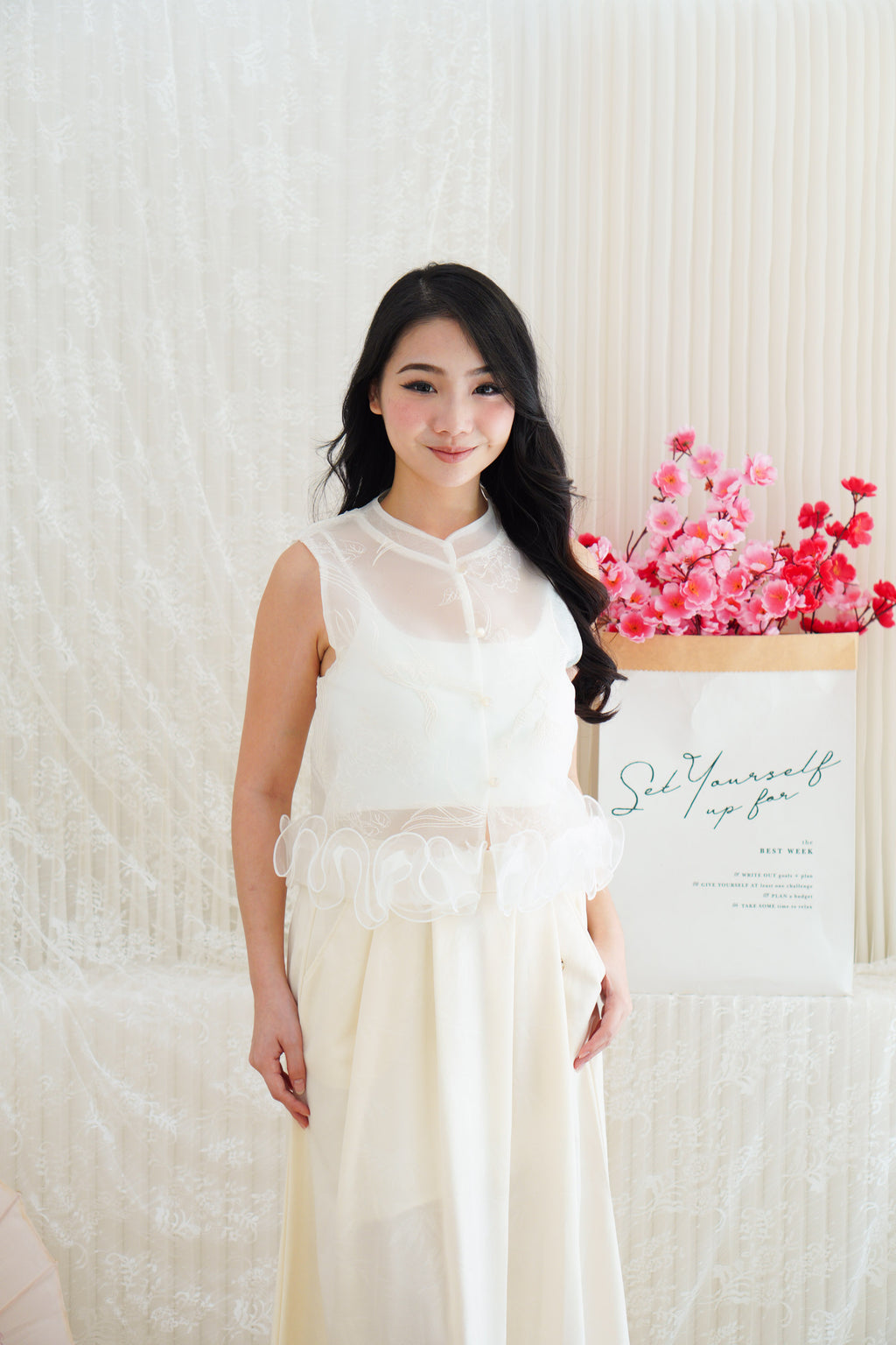 Aria Organza Cheongsam Lace Mandarin Collar Top with Ruffles in White