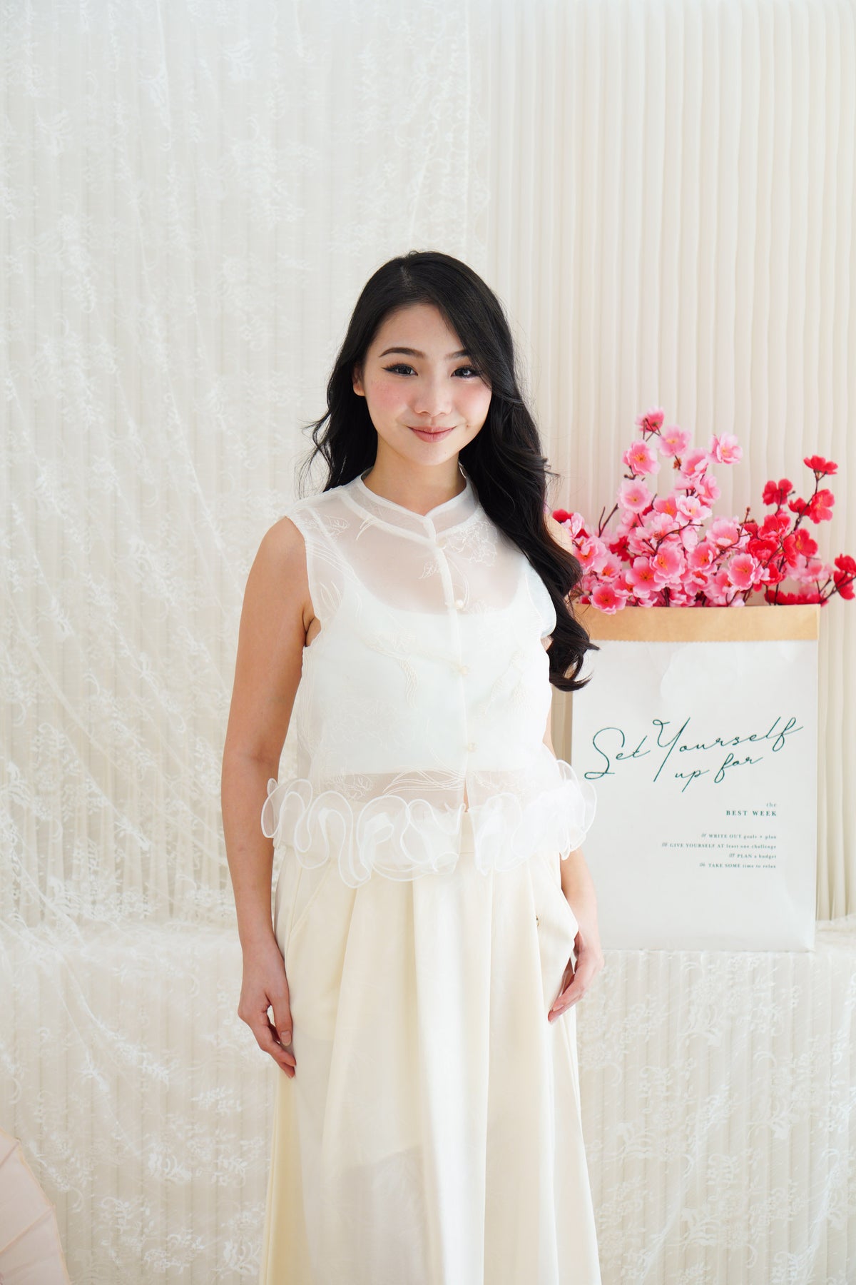 Aria Organza Cheongsam Lace Mandarin Collar Top with Ruffles in White