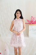 Huan Ru Cheongsam Mini Dress with Sequin in Pink with Feathers