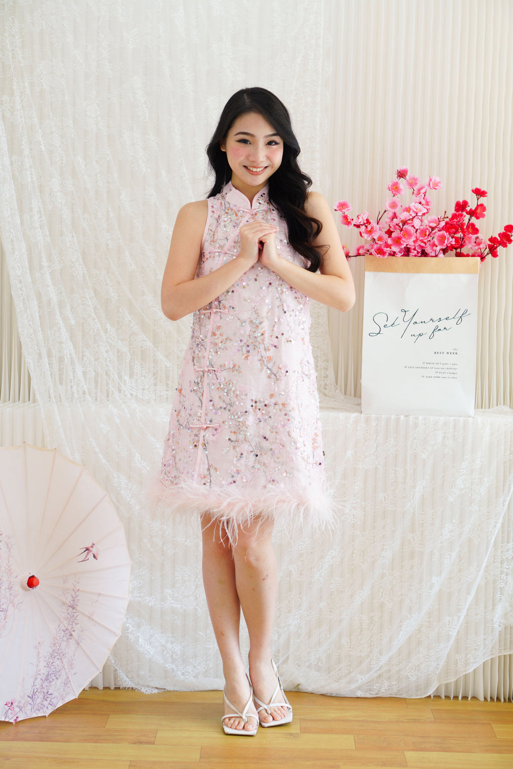 Huan Ru Cheongsam Mini Dress with Sequin in Pink with Feathers