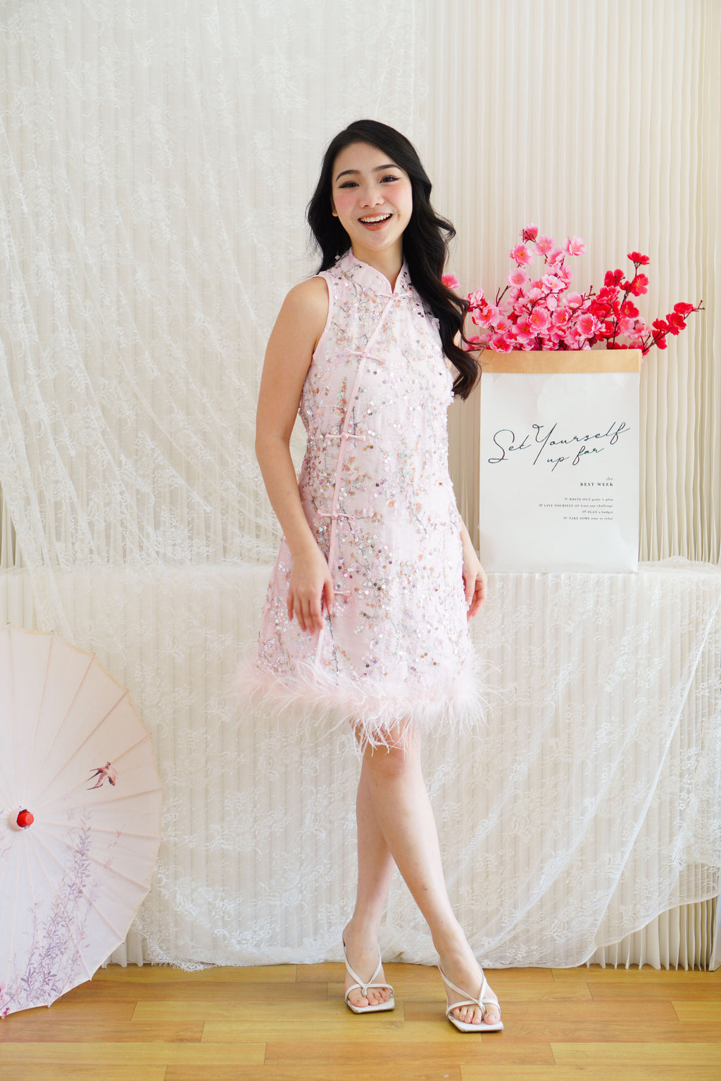 Huan Ru Cheongsam Mini Dress with Sequin in Pink with Feathers