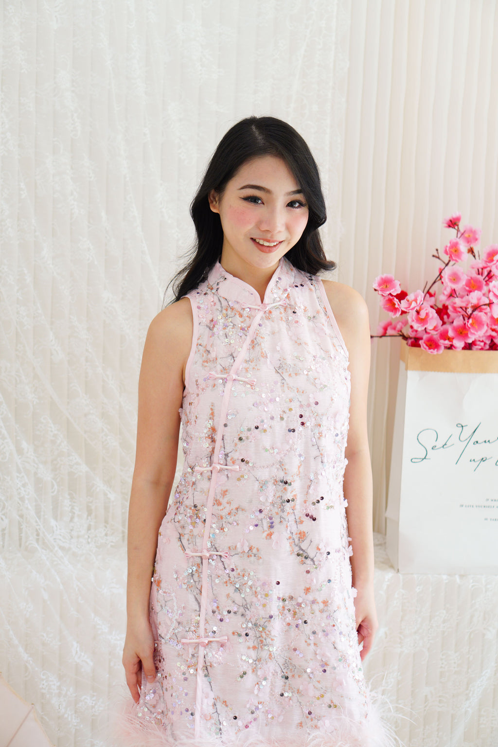 Huan Ru Cheongsam Mini Dress with Sequin in Pink with Feathers