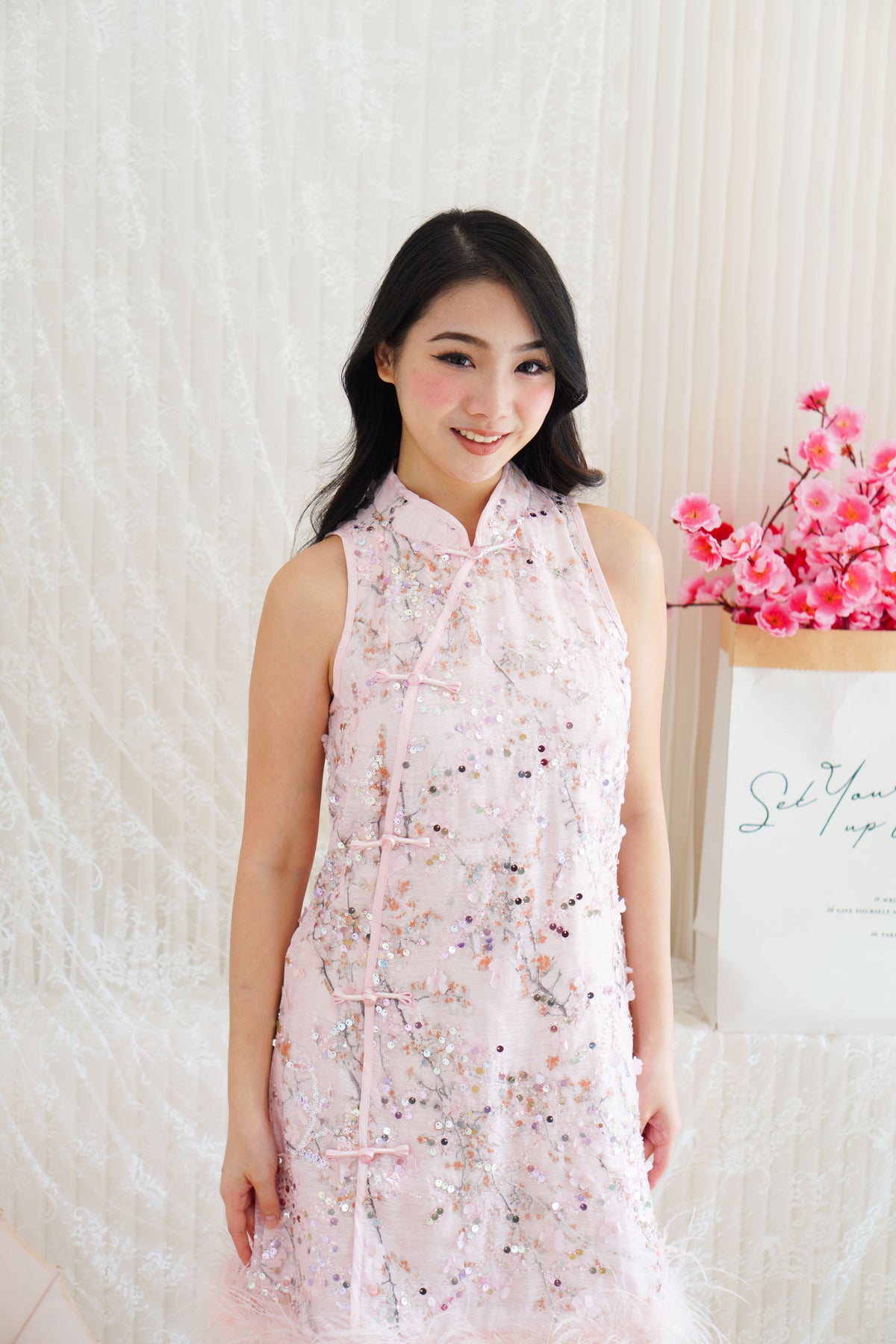 Huan Ru Cheongsam Mini Dress with Sequin in Pink with Feathers