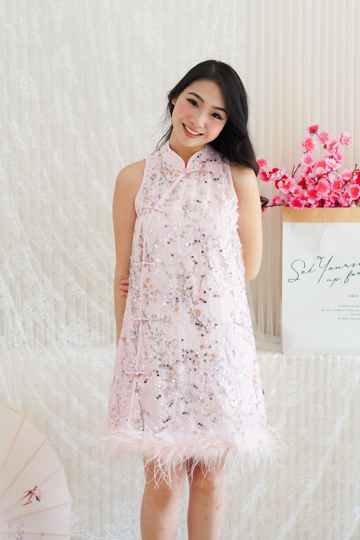 Huan Ru Cheongsam Mini Dress with Sequin in Pink with Feathers
