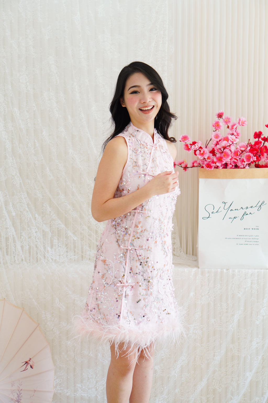 Huan Ru Cheongsam Mini Dress with Sequin in Pink with Feathers